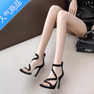 SUNTEK罗马凉鞋女夏季2023年新款黑色蛇形性感细跟小众设计感气质高跟鞋