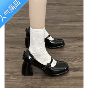 SUNTEK浅口法式玛丽珍鞋黑色厚底高跟鞋女白色女鞋子夏季单鞋复古小皮鞋