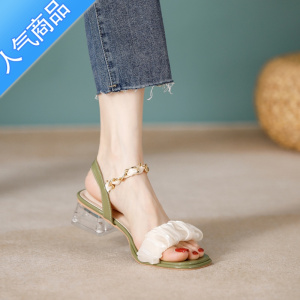 SUNTEK凉鞋女2023年夏季新款气质韩版百搭水晶粗跟一字带仙女风高跟鞋女