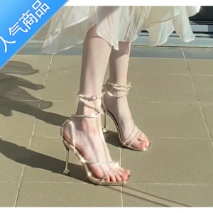SUNTEK2022夏季新款银色方头水钻女式仙女风细跟绑带细带时装高跟鞋
