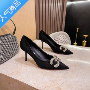 SUNTEK水钻黑色绒面性感高跟鞋细跟2023年新款尖头气质设计感法式单鞋女