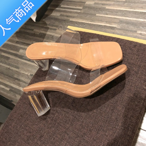 SUNTEK透明凉鞋女2023夏季新款时装一字带性感高跟鞋方头水晶粗跟凉拖鞋