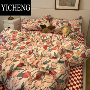 YICHENGins红色郁金香小兔床单被套四件套水洗棉学生宿舍单人床上三件套