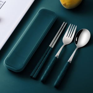 纳丽雅筷子勺子套装一人食便携餐具三件套不锈钢叉子单人学生可爱收纳盒