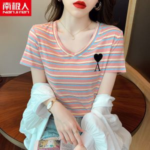 条纹v领短袖T恤女2021新款韩版上衣ins潮洋气气质修身