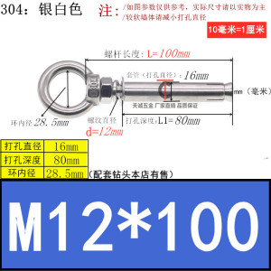 304不锈钢膨胀螺丝M6M8M10M12带环挂钩带圈加长万能吊环膨胀螺栓