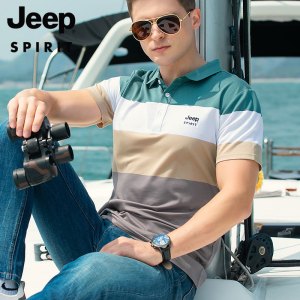 JEEP SPIRIT吉普翻领短袖T恤户外短T时尚大条纹男士体恤