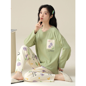 浪莎睡衣女春秋款纯棉长袖可外穿卡通家居服女款2025新款大码套装