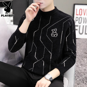 花花公子水貂绒毛衣男士半高领打底毛线衣春秋季新款修身针织衫男