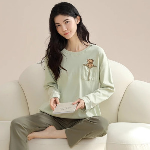 新款啄木鸟睡衣女春秋季纯棉长袖休闲运动全棉家居服套装可外穿