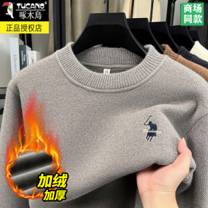 啄木鸟半高领毛衣男秋冬款加绒加厚保暖高档一体绒打底针织羊毛衫