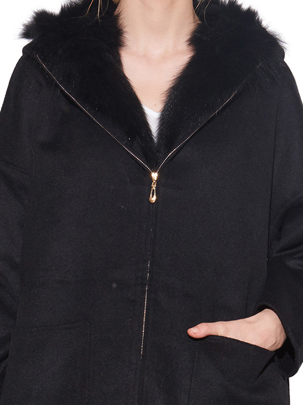 cdh007he时尚连帽款狐狸毛内胆羊毛外套黑色