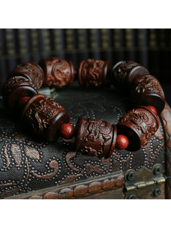 月印百川小叶紫檀龙柱手链紫檀木九龙戏珠弹性手串