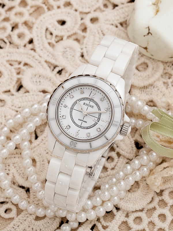 rhine莱茵 时尚迷你号表盘镶钻陶瓷女表白色都市手表 r89055 r890